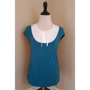 Modcloth Teal Turquoise Top with White Pleated Yoke Neck Tie Cap Sleeves